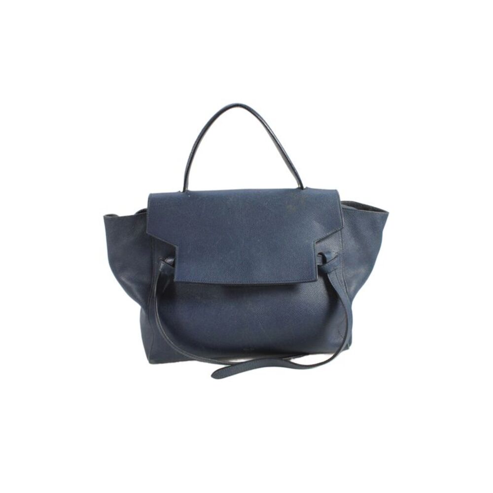 Celine Womens Leather Gold Tone Zipper Closure Shoulder Handbag Navy Blue